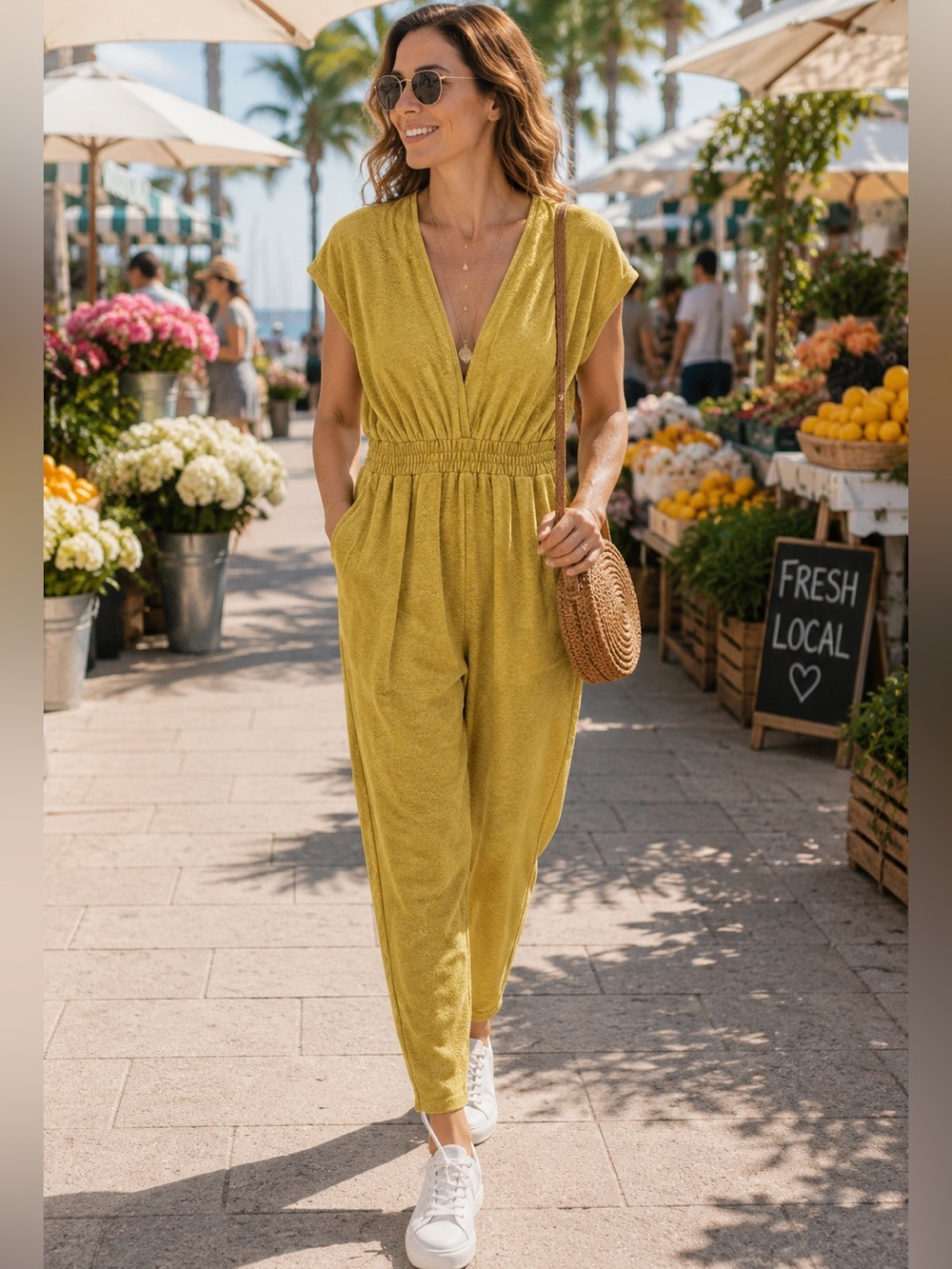 Vada Winter‎ x Maverick Jumpsuit L Mustard Yellow Knit Smocked V Neck Pockets